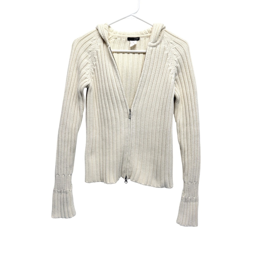 Vtg J Crew S Ribbed Hoodie Fisher Full Zip Sweater Cardigan 100% Cotton Y2K